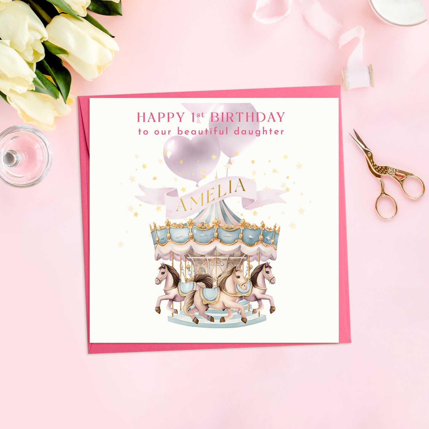 1st Birthday Daughter Birthday Card - Carousel