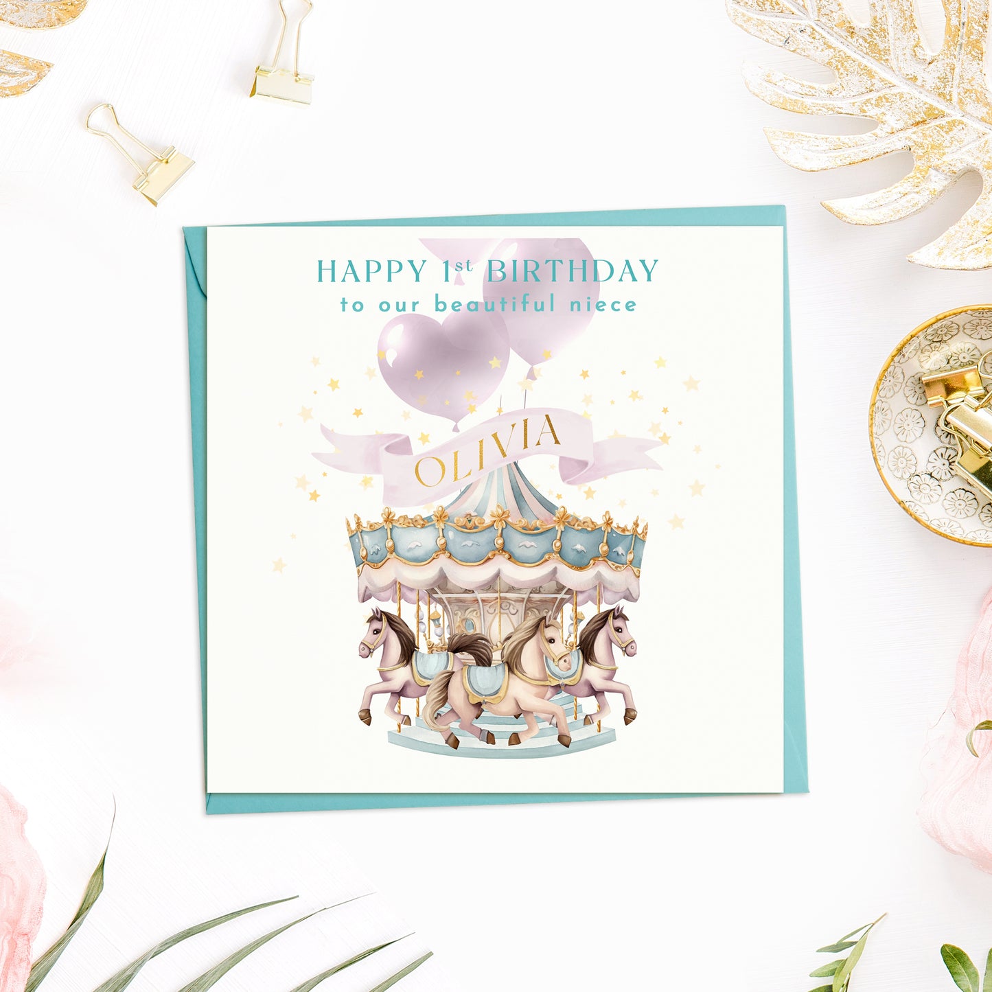 1st Birthday Carousel Greeting Card for Nieces