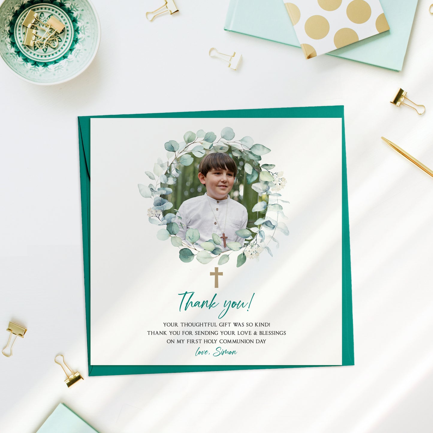 Eucalyptus Wreath Thank you Communion Photo Card