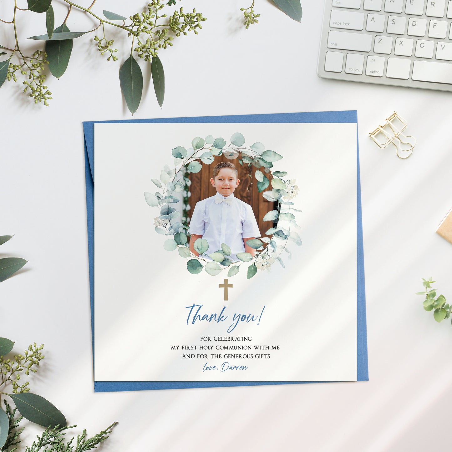 Eucalyptus Wreath Thank you Communion Photo Card