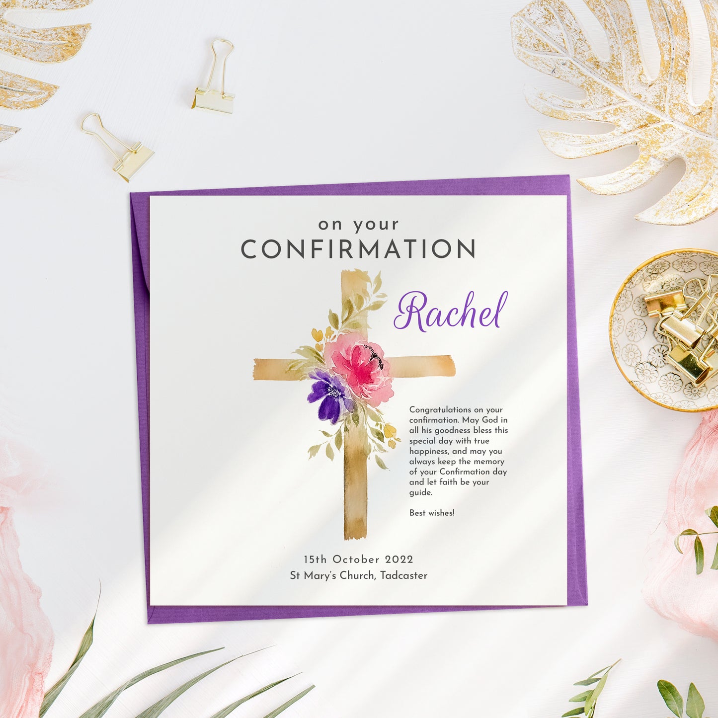 Personalised Watercolour Floral Cross Confirmation Card