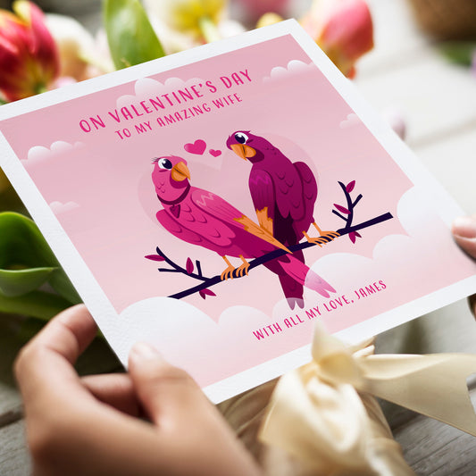 Personalised Love Birds Valentine's Day Card for Wife, Valentine's Cute Birds Card, Happy Valentines for Husband, Love Birds Valentines Card