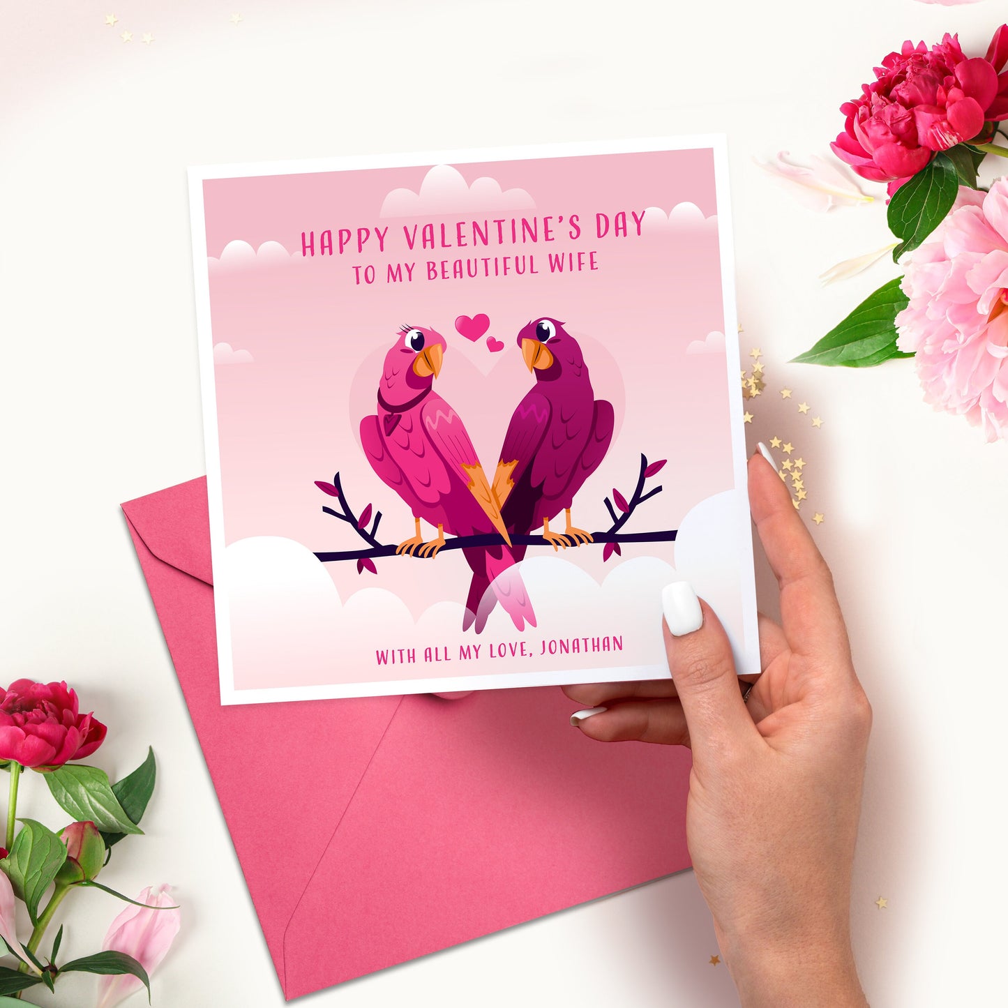 Personalised Love Birds Valentine's Day Card for Wife, Valentine's Cute Birds Card, Happy Valentines for Husband, Love Birds Valentines Card
