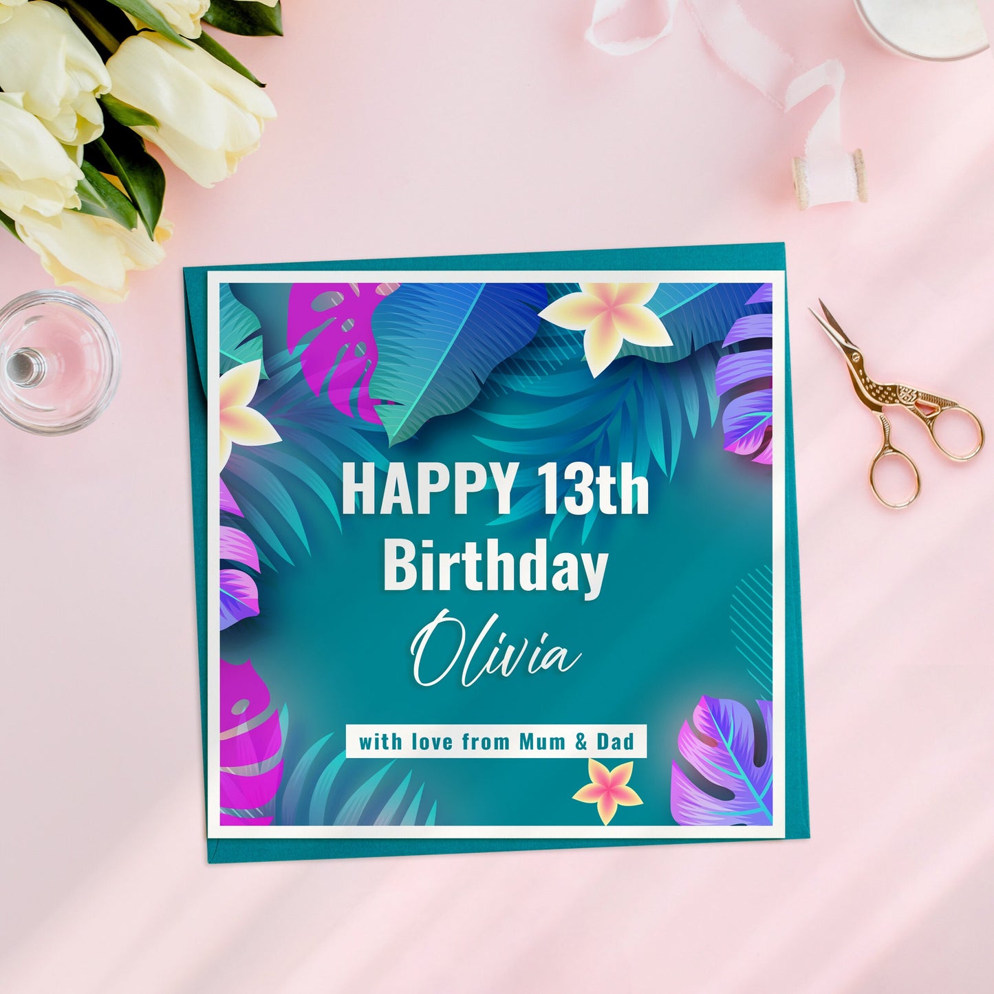 Personalised 13th Birthday Card, Girl Photo Card, Personalised Photo Card, Custom Birthday Card, Tropical Birthday Cards for teenager