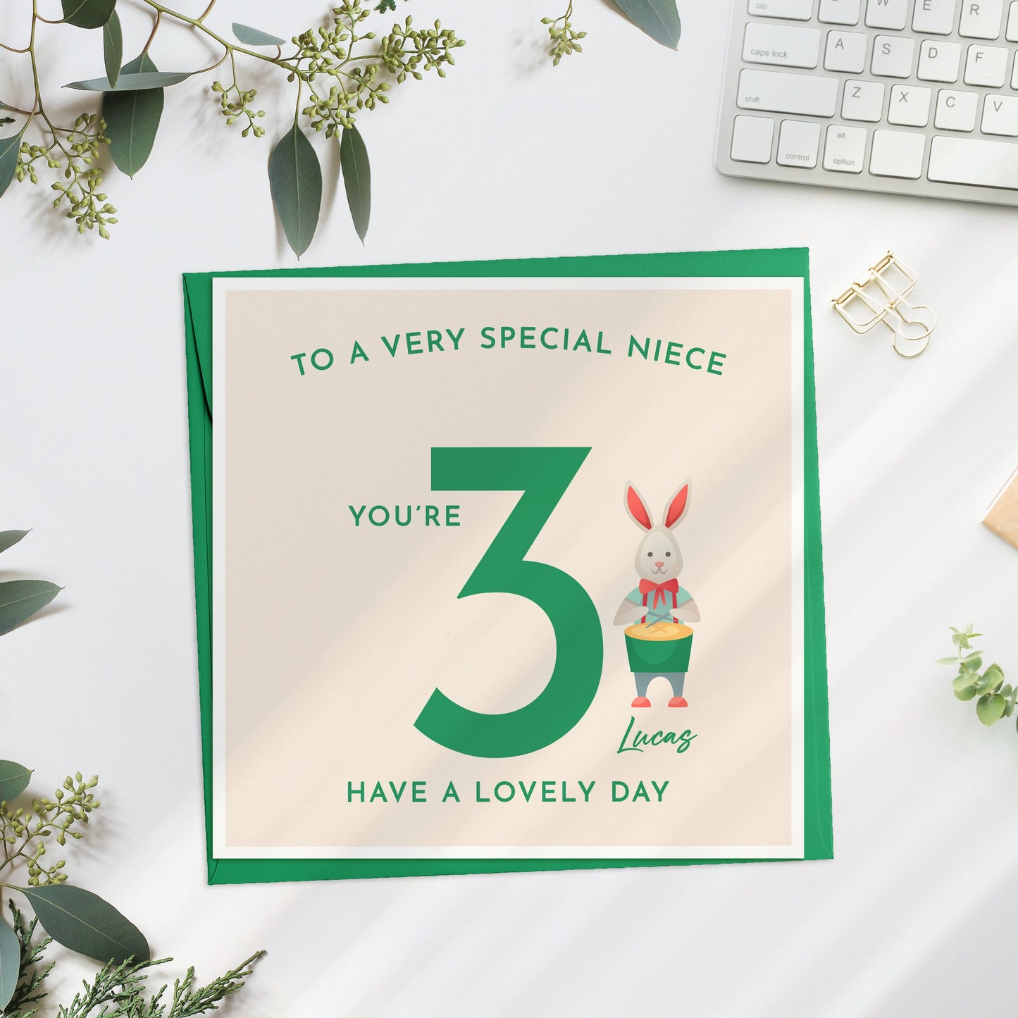 Personalised 3rd Birthday Card, Rabbit Birthday Card,  Age 3 Birthday Card, Vintage Rabbit, 3rd Birthday Card for Granddaughter or Grandson