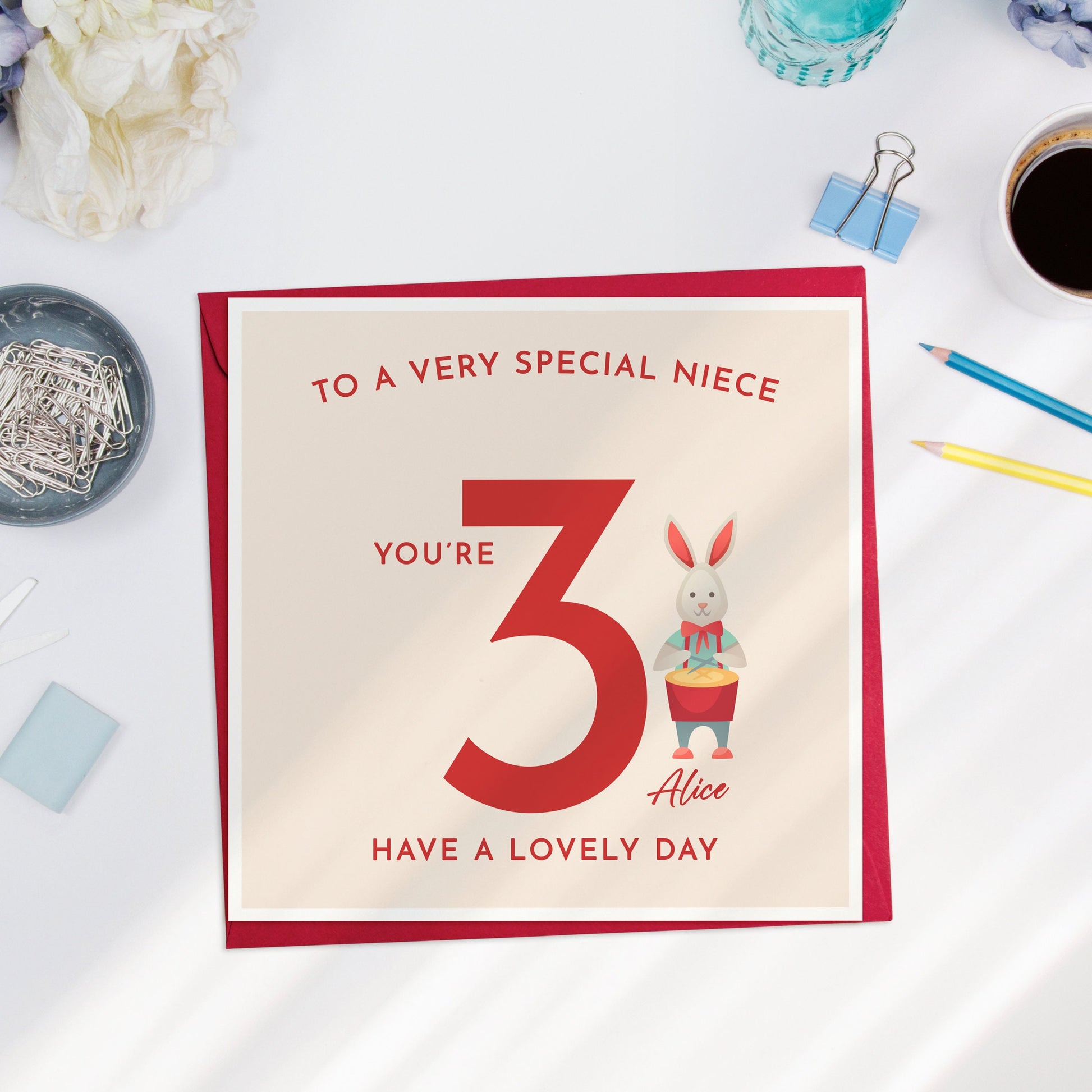 Personalised 3rd Birthday Card, Rabbit Birthday Card,  Age 3 Birthday Card, Vintage Rabbit, 3rd Birthday Card for Granddaughter or Grandson