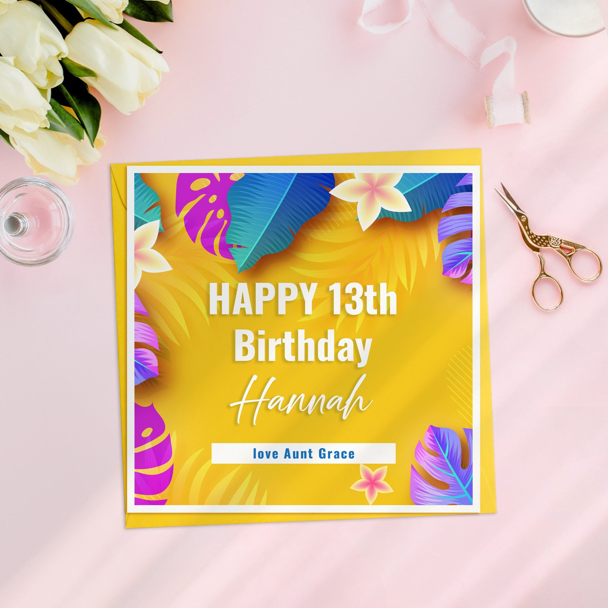 Personalised 13th Birthday Card, Girl Photo Card, Personalised Photo Card, Custom Birthday Card, Tropical Birthday Cards for teenager