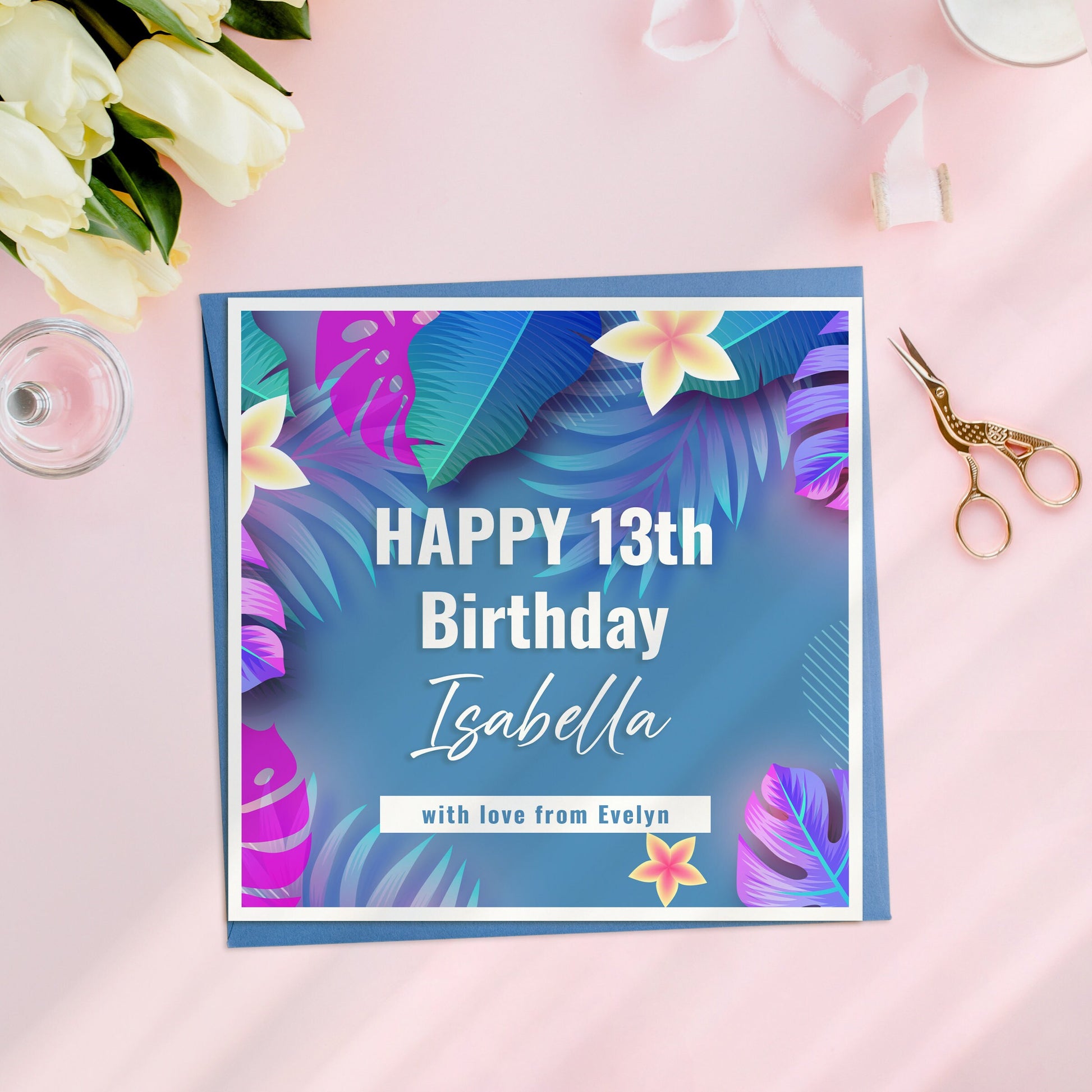 Personalised 13th Birthday Card, Girl Photo Card, Personalised Photo Card, Custom Birthday Card, Tropical Birthday Cards for teenager