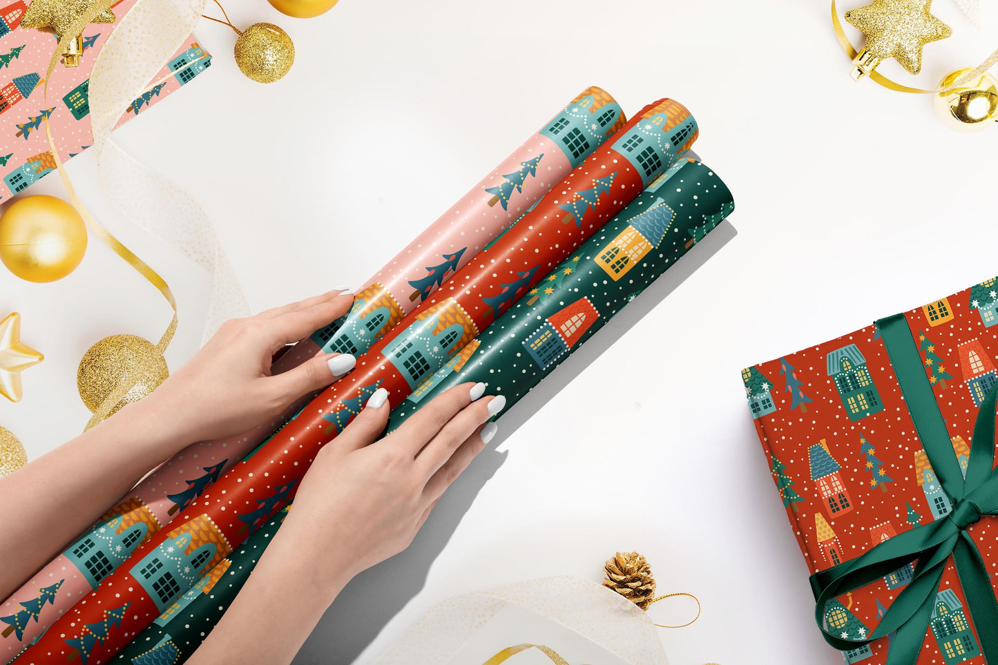 Green Christmas Wrapping Paper, Xmas Luxury Gift Wrap, Eco Friendly Wrapping Paper, Christmas House Wrapping paper, Kids Wrapping Paper