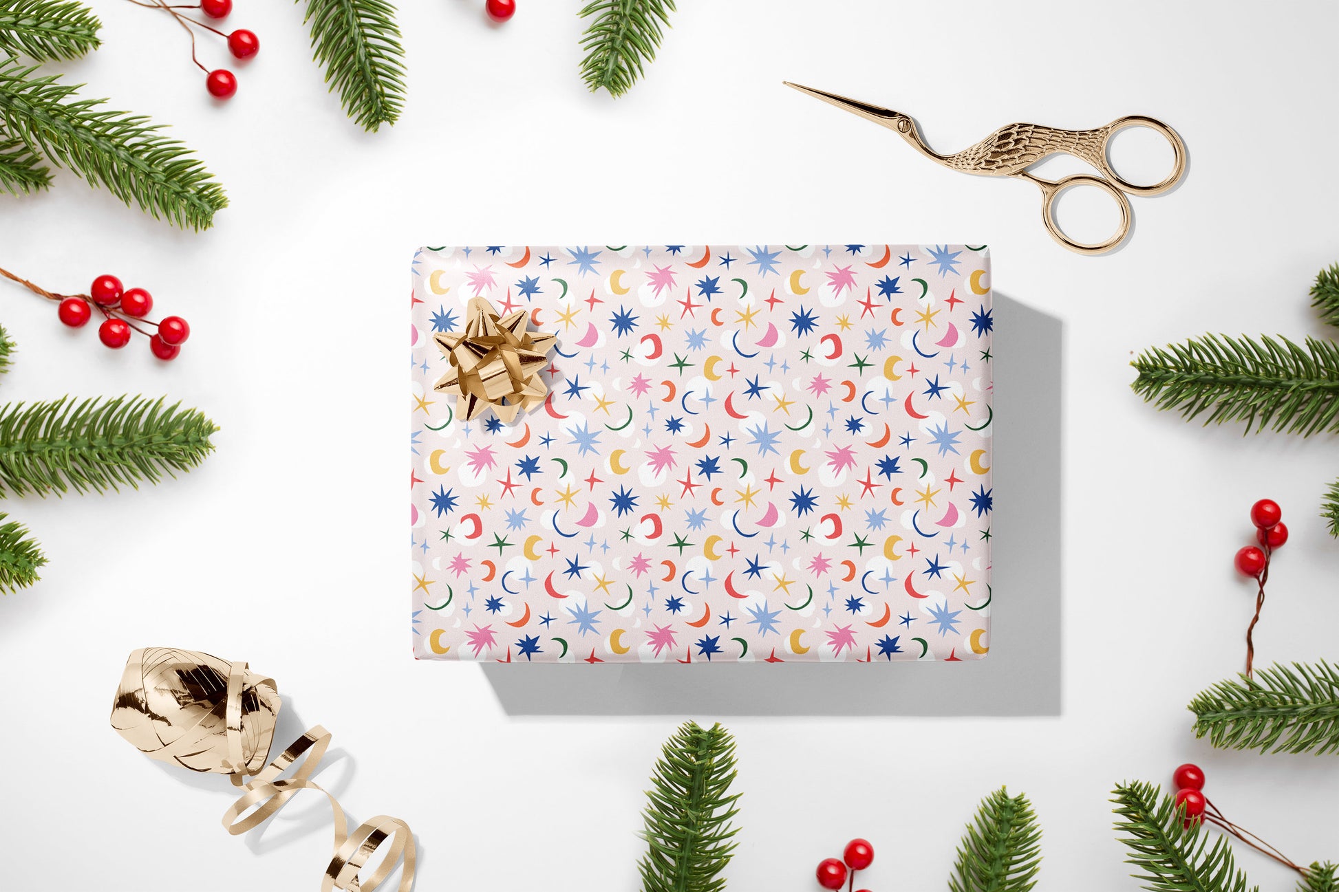 Stars and Moon Multicolour Gift Wrap, Luxury Christmas Wrapping Paper, Pretty Wrapping Paper, Pink Birthday Gift Wrapping Paper